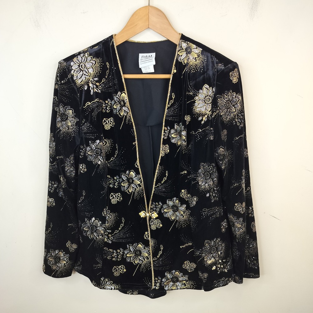 R&M Richards Floral Glitter Velvet Evening Jacket 12 Rhinestone Party Black Gold